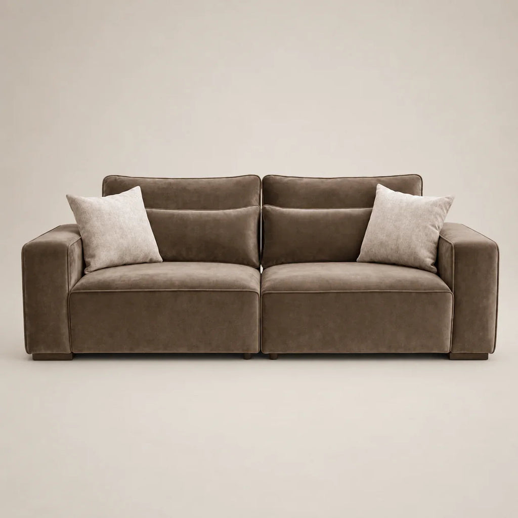 Luxury brown velvet sofa with two light cushions, modern design for living room comfort