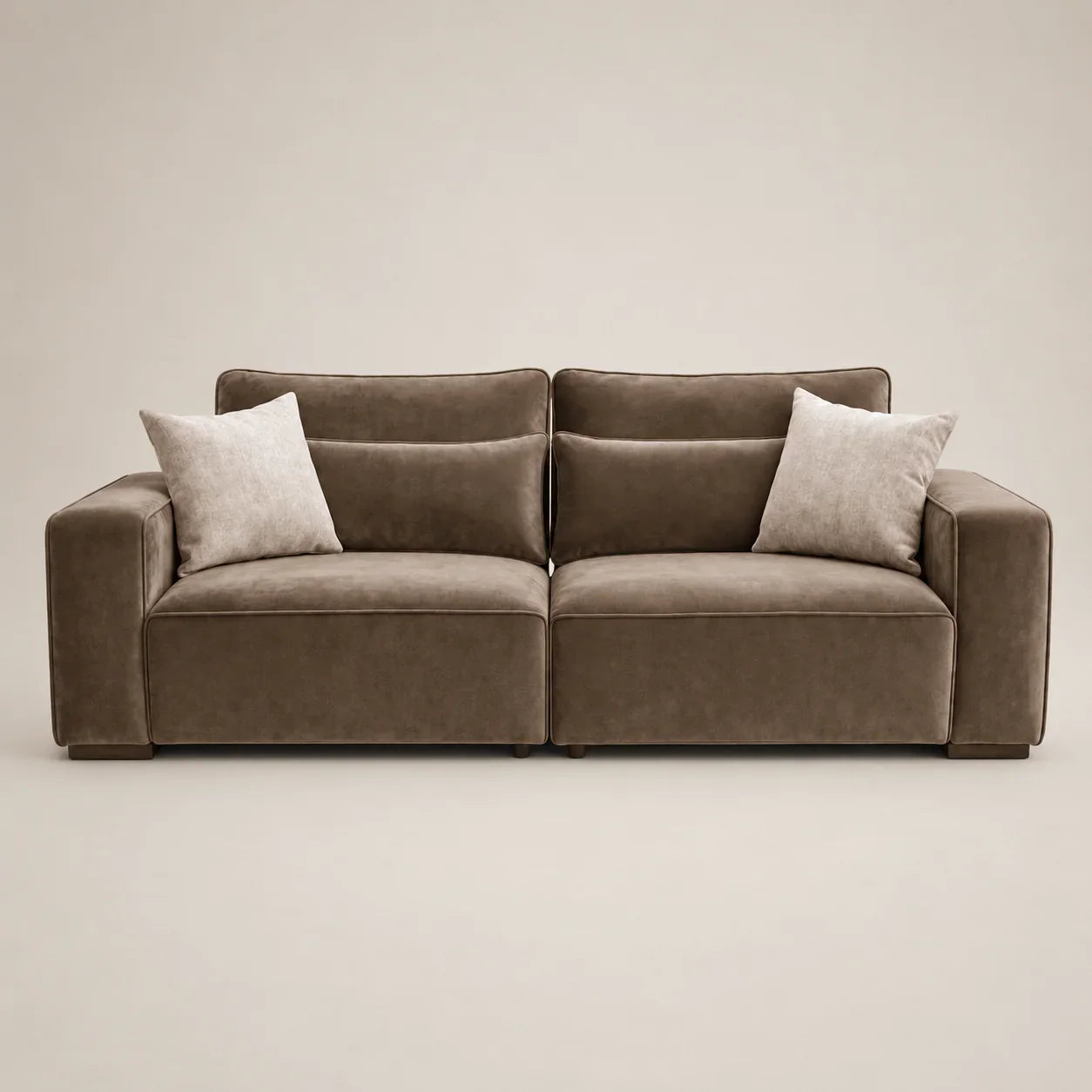 Luxury brown velvet sofa with two light cushions, modern design for living room comfort