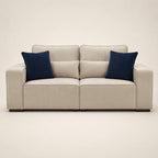 Beige luxury sofa with navy blue velvet cushions, modern design for living room comfort