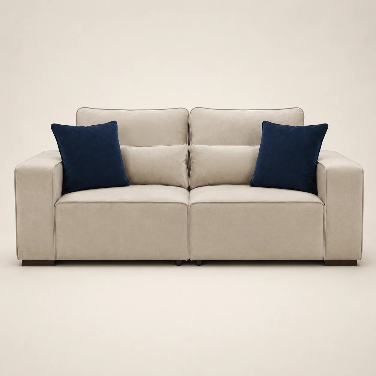 Beige luxury sofa with navy blue velvet cushions, modern design for living room comfort