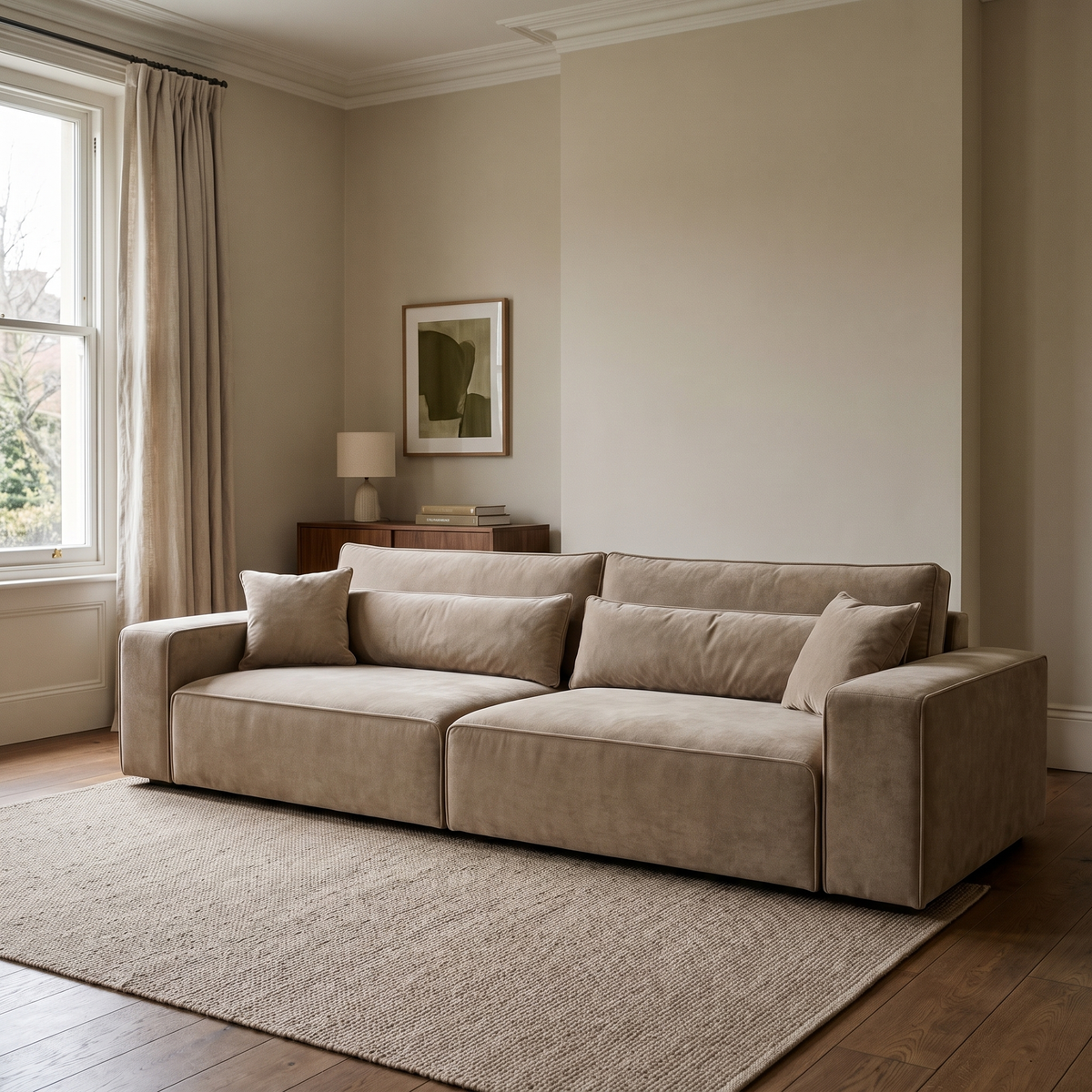 Dalton 4 Seater Sofa in Champagne Mink — lifestyle hero in a naturally lit British living room