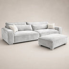 Luxury grey velvet sectional sofa with matching ottoman and decorative pillows for modern living rooms