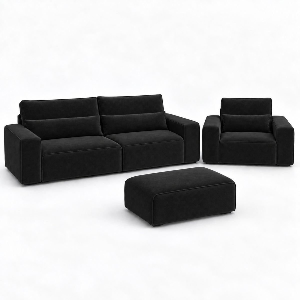 Dalton Master Set in midnight noir — sofa, armchair and matching footstool