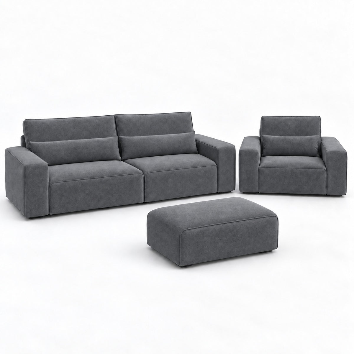 Dalton Master Set in smoked steel — sofa, armchair and matching footstool