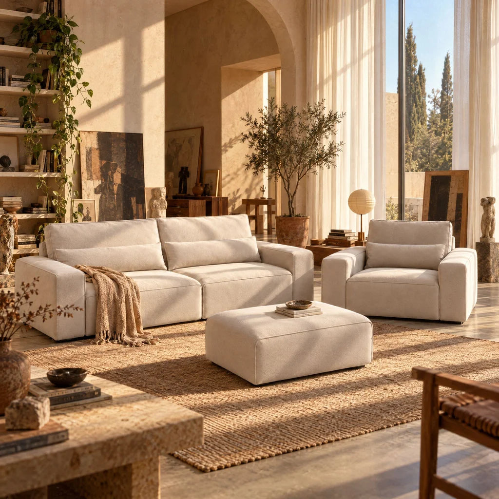Dalton Master Set in Vanilla Cream in a sunlit living room, with matching armchair and footstool