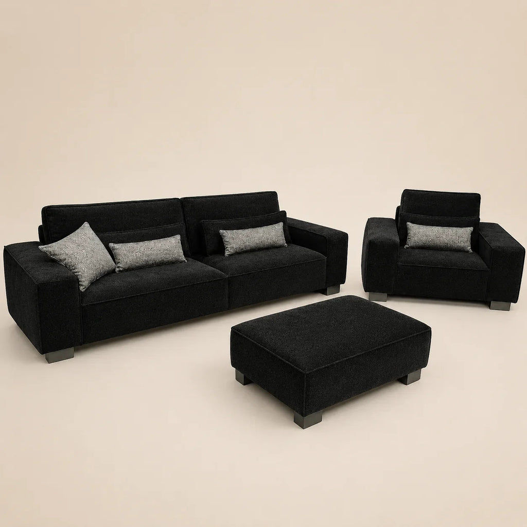 Black fabric sofa set with matching armchair and ottoman, modern luxury living room furniture