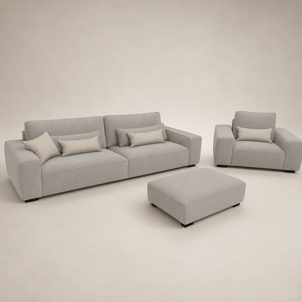 Modern grey fabric sofa set with matching armchair and ottoman, luxury living room furniture