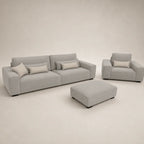 Modern grey fabric sofa set with matching armchair and ottoman, luxury living room furniture