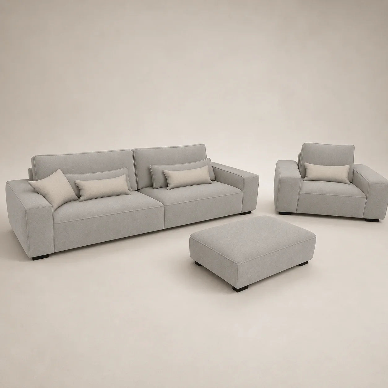 Modern grey fabric sofa set with matching armchair and ottoman, luxury living room furniture