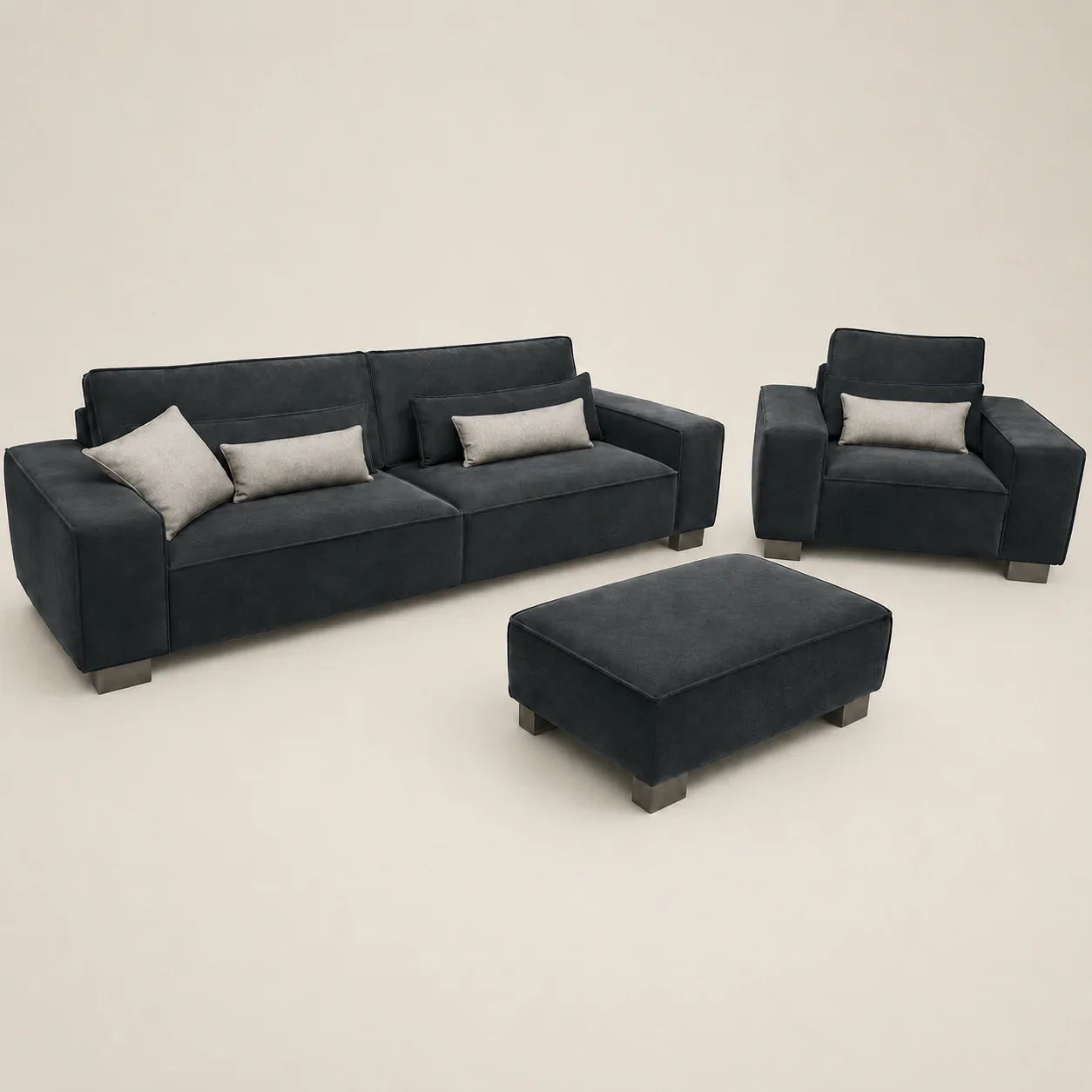 Luxury dark grey sofa set with matching armchair and ottoman, modern design for living room