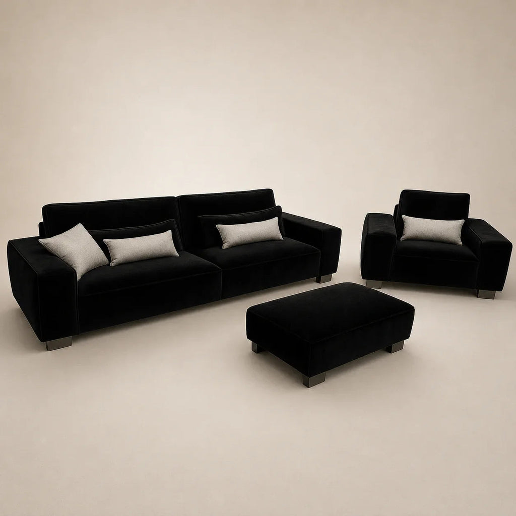 Luxury black velvet sofa set with matching armchair and ottoman, modern living room furniture