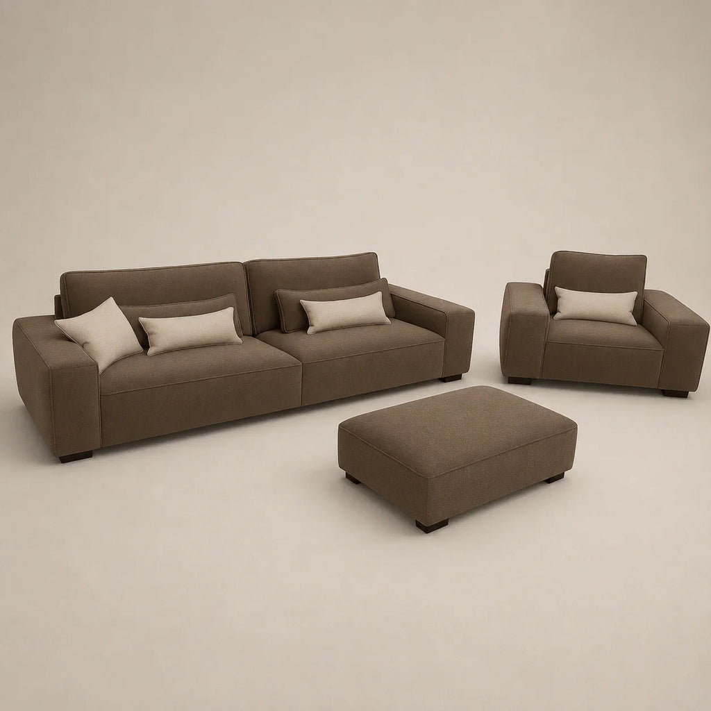 Modern brown sofa set with matching armchair and ottoman, ideal for luxury living room furniture
