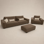 Modern brown sofa set with matching armchair and ottoman, ideal for luxury living room furniture