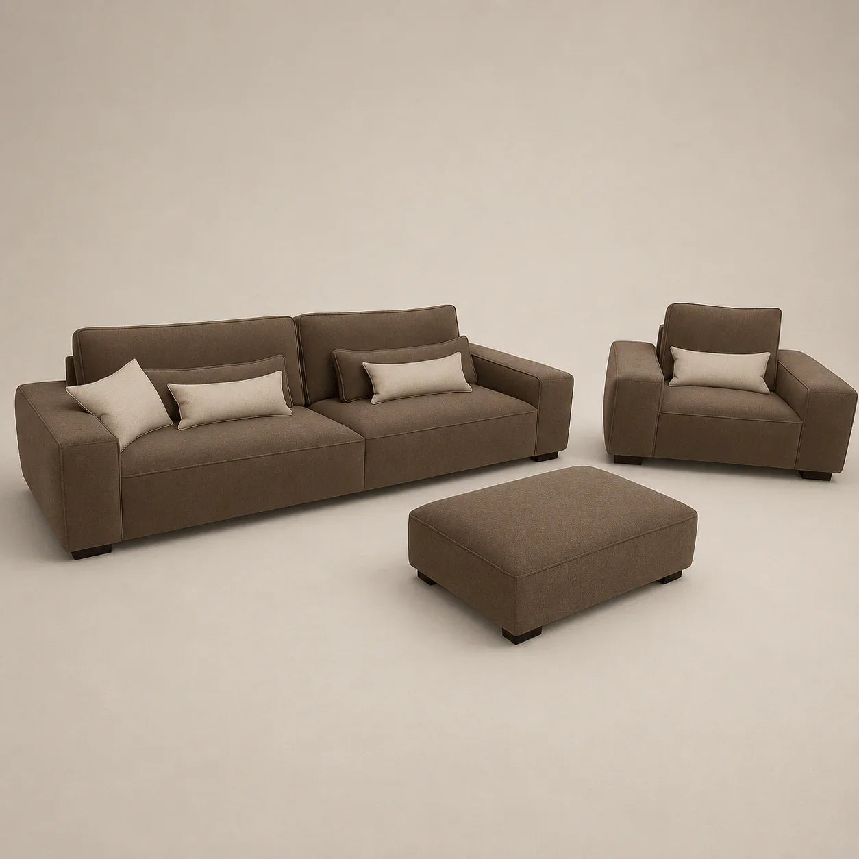 Modern brown sofa set with matching armchair and ottoman, ideal for luxury living room furniture