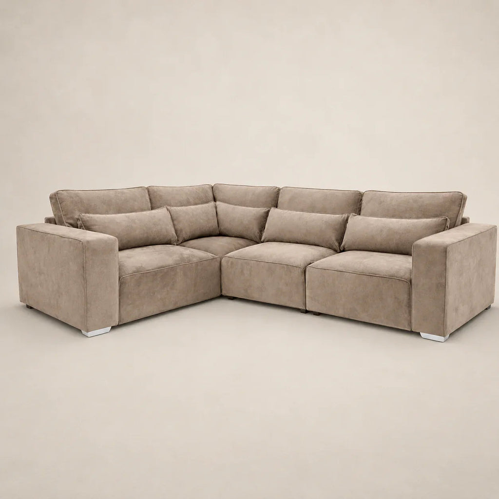 Luxury beige corner sofa with plush cushions, modern design for living room comfort