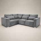 Grey velvet corner sofa with plush cushions, modern luxury living room furniture