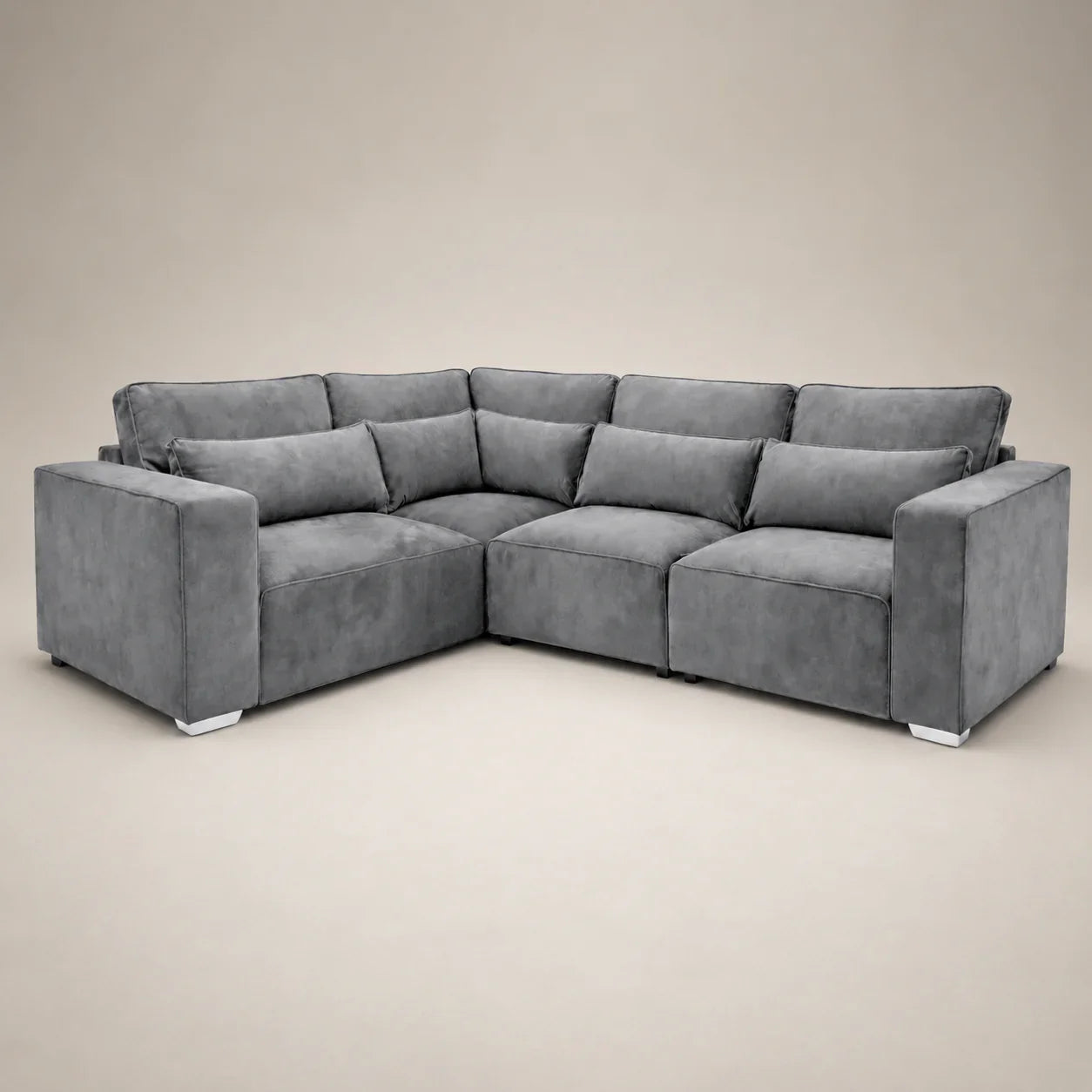Grey velvet corner sofa with plush cushions, modern luxury living room furniture