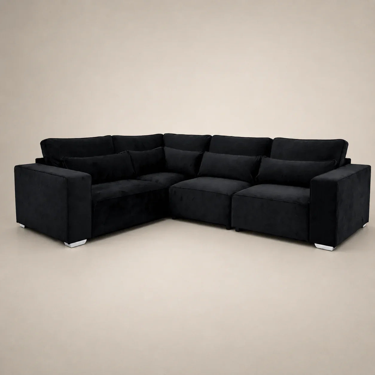 Black velvet L-shaped sectional sofa with modern design and white feet, ideal for luxury living rooms