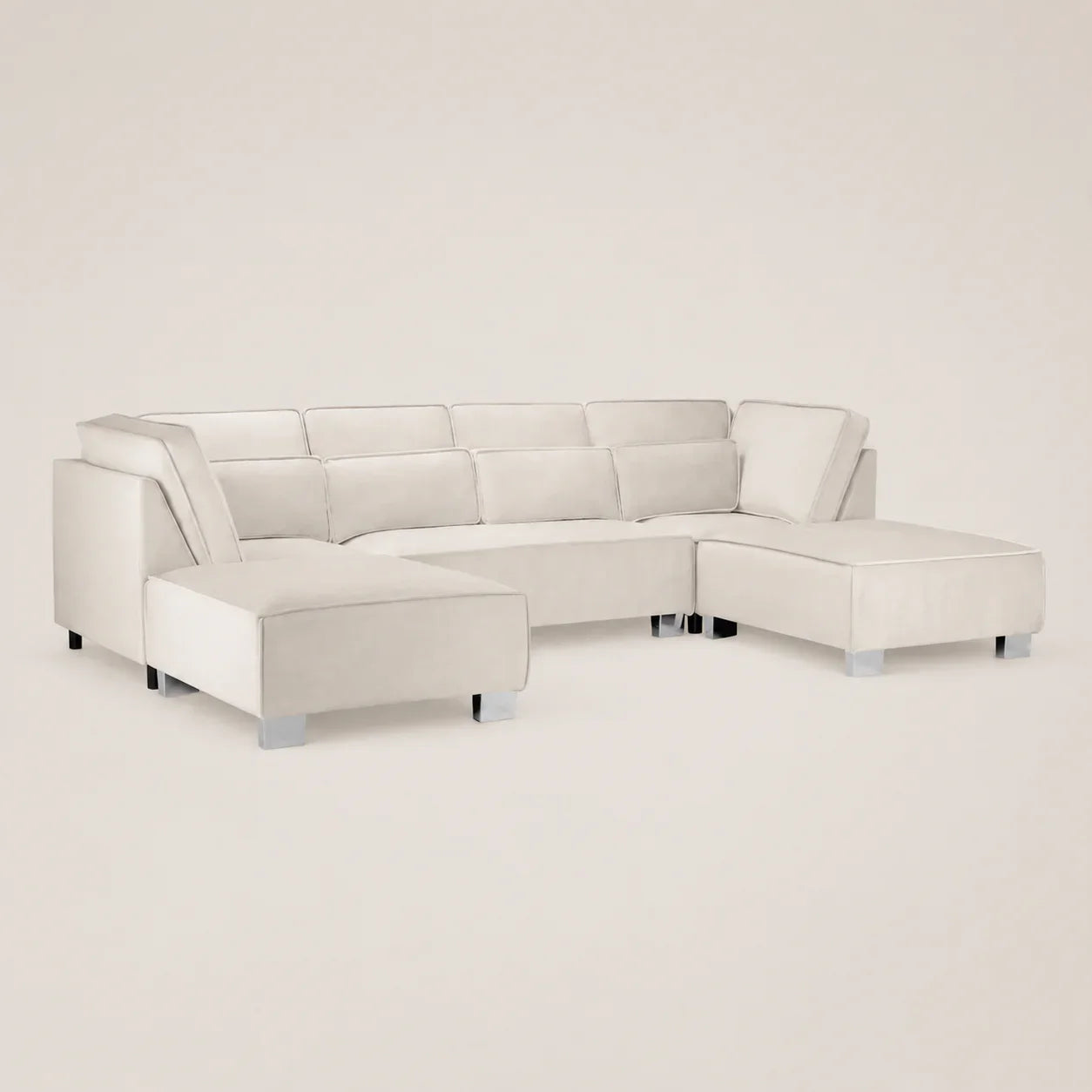 Luxury white sectional sofa with chaise lounges and chrome legs, modern living room furniture