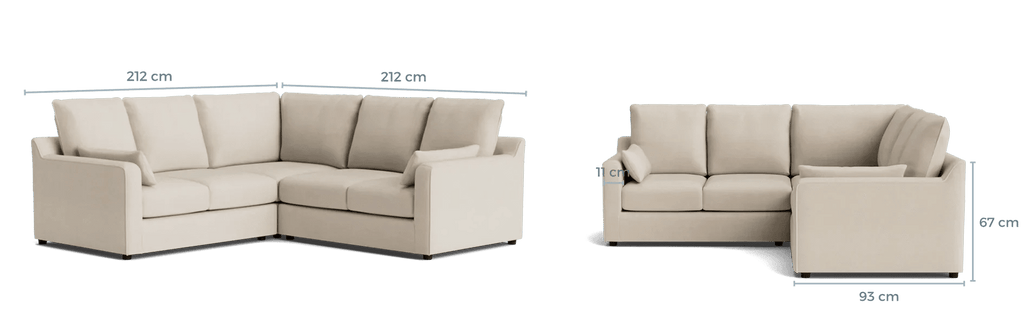 Beige L-shaped corner sofa with cushions, featuring dimensions 212 cm x 212 cm x 93 cm x 67 cm.