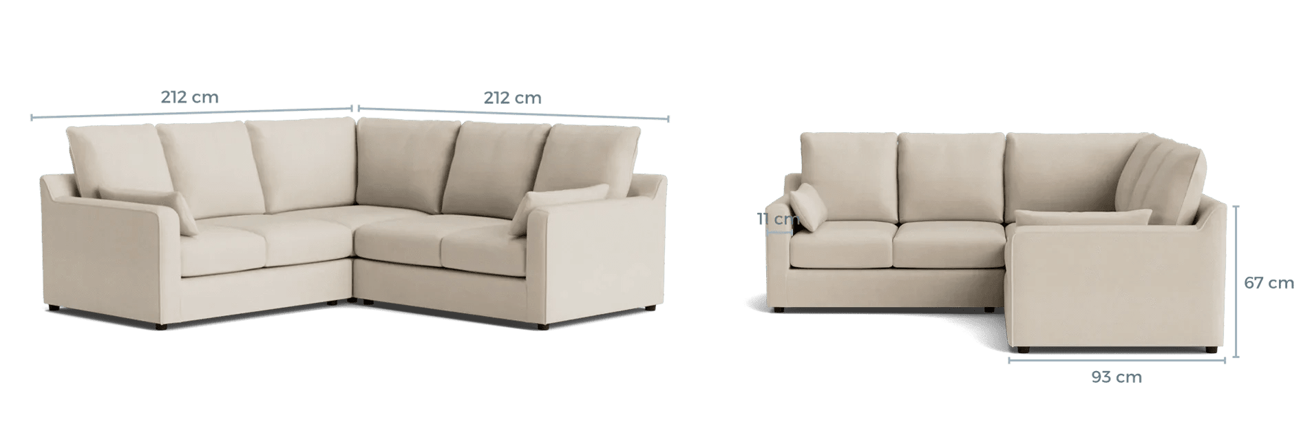 Beige L-shaped corner sofa with cushions, featuring dimensions 212 cm x 212 cm x 93 cm x 67 cm.