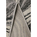 Luxury grey and cream abstract patterned rug with plush pile and stitched edge detail