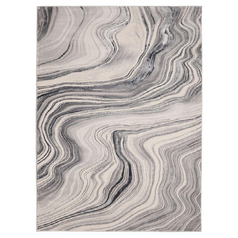 Grey and white abstract wave pattern area rug for modern living room decor