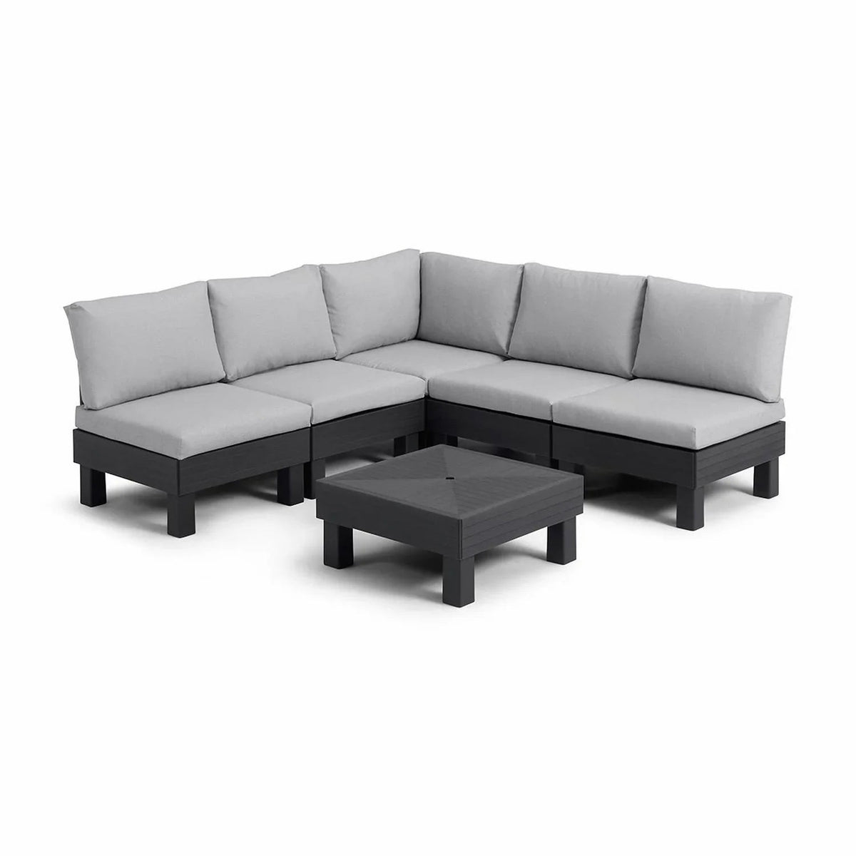Modular outdoor sectional sofa with gray cushions and black frame, includes matching coffee table