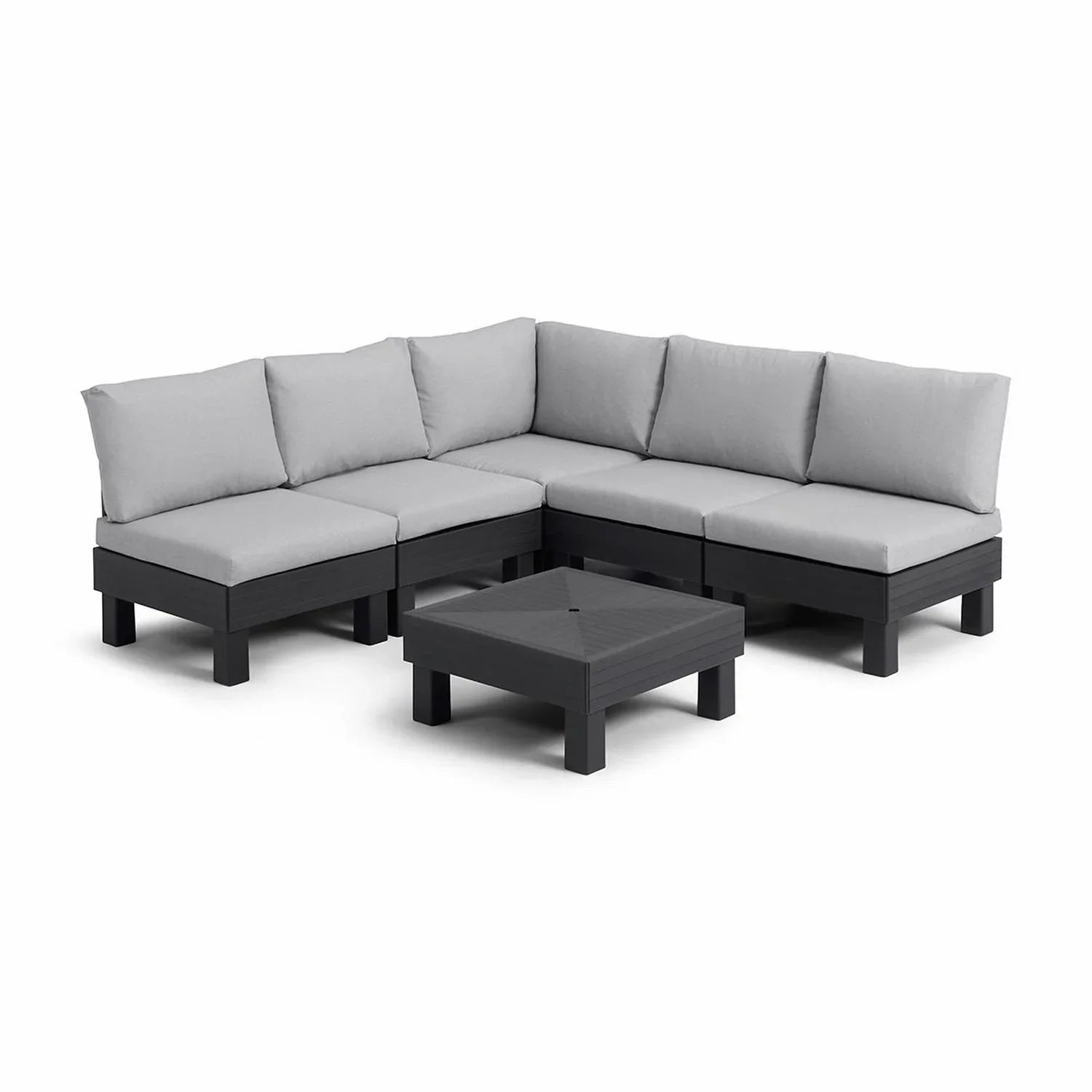 Modular outdoor sectional sofa with gray cushions and black frame, includes matching coffee table