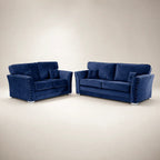 Luxury navy blue velvet sofa set with nailhead trim, perfect for modern living rooms