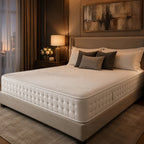 Luxury tufted mattress on upholstered bed frame in modern bedroom, perfect for comfortable sleep
