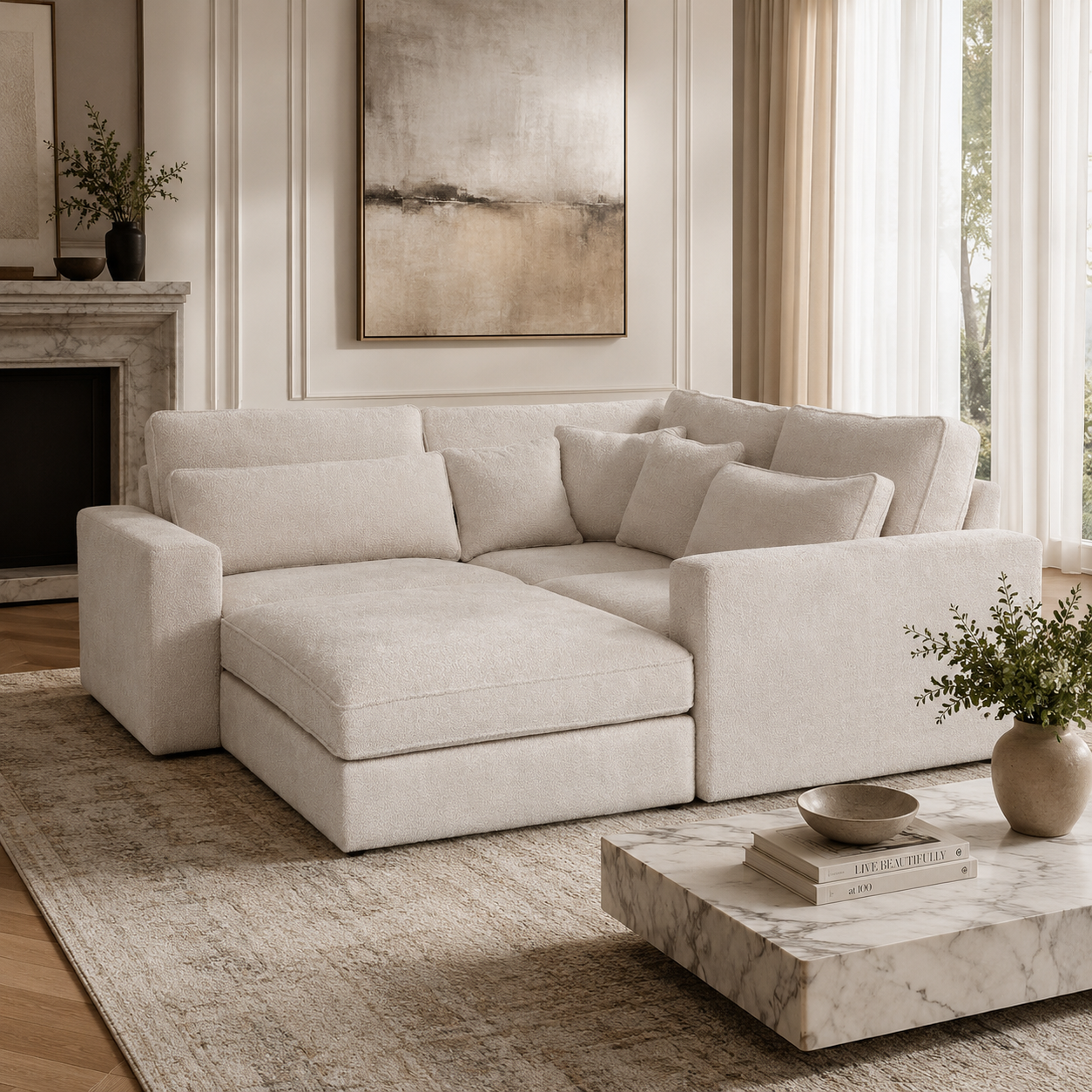 Luxury beige sectional sofa with chaise in modern living room, perfect for UK homes