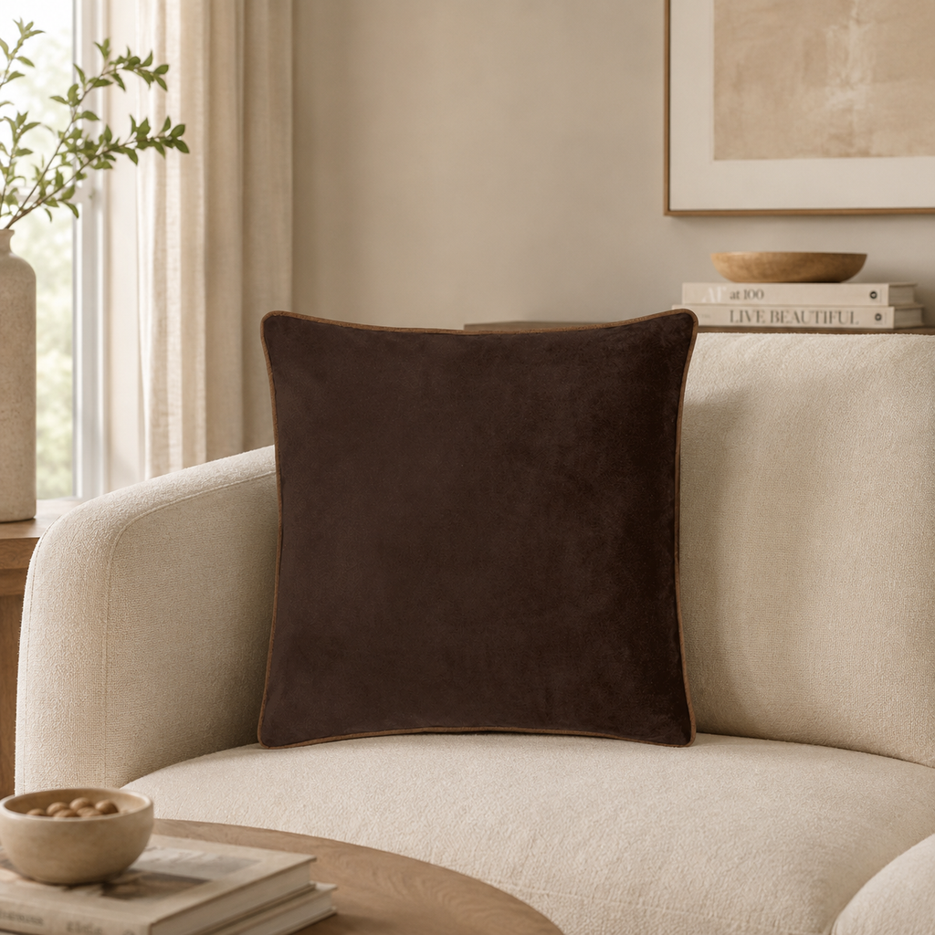Luxury brown velvet cushion on cream sofa, modern living room decor with natural light