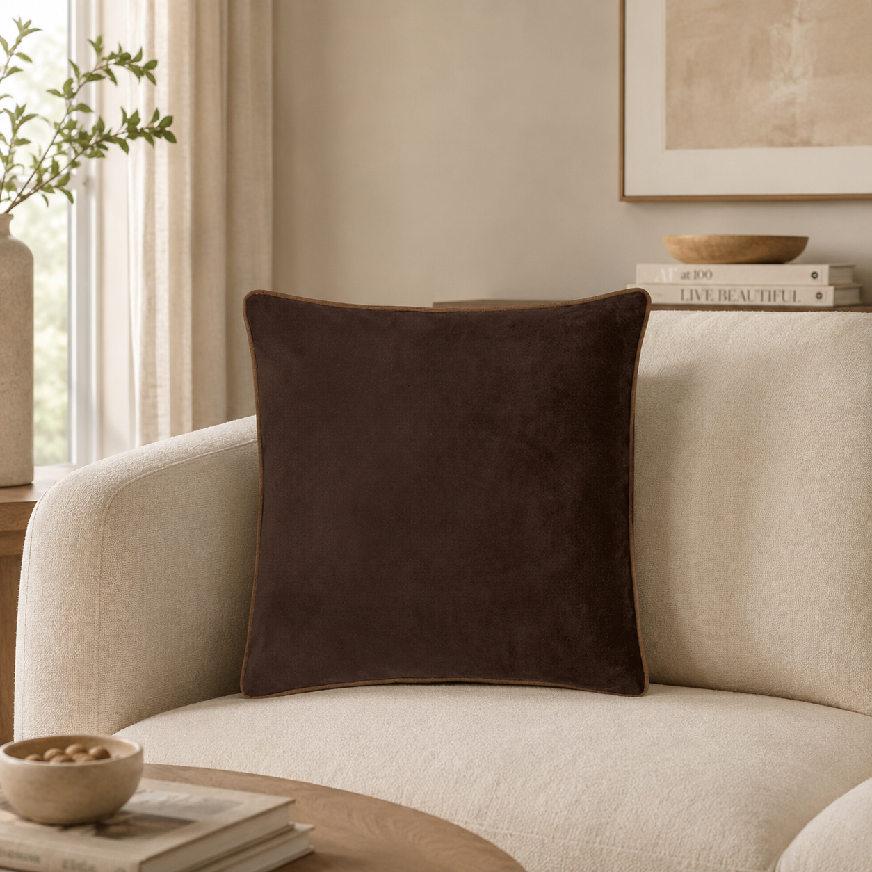 Luxury brown velvet cushion on cream sofa, modern living room decor with natural light