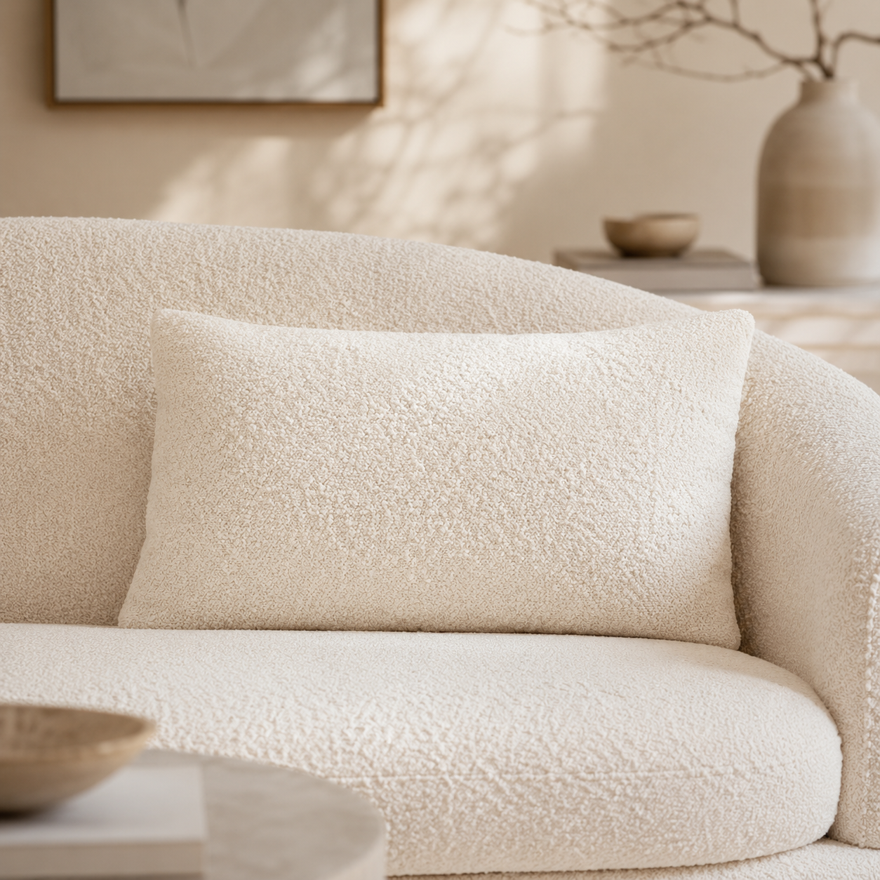 Cream bouclé sofa with matching cushion, modern living room decor