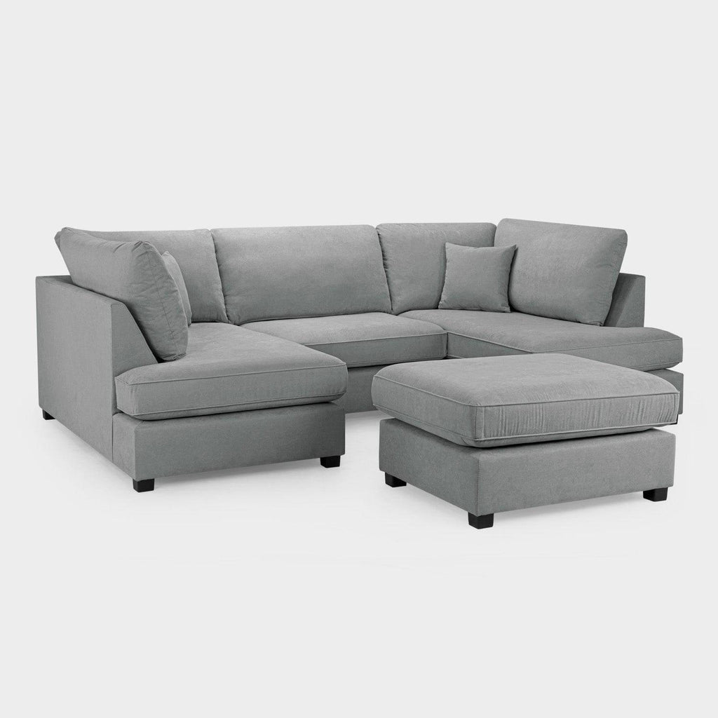 Modern grey U-shaped corner sofa set with plush cushions and matching ottoman