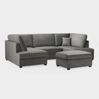 Modern U-shaped grey corner sofa with plush upholstery and matching ottoman on white background.