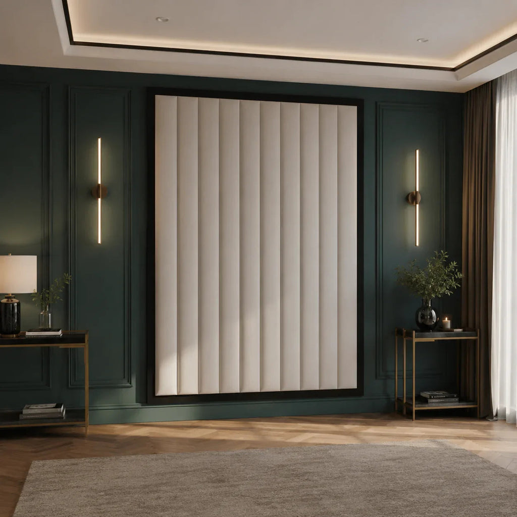 Luxury living room with dark green paneled walls, modern wall art, and ambient lighting