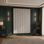 Luxury living room with dark green paneled walls, modern wall art, and ambient lighting
