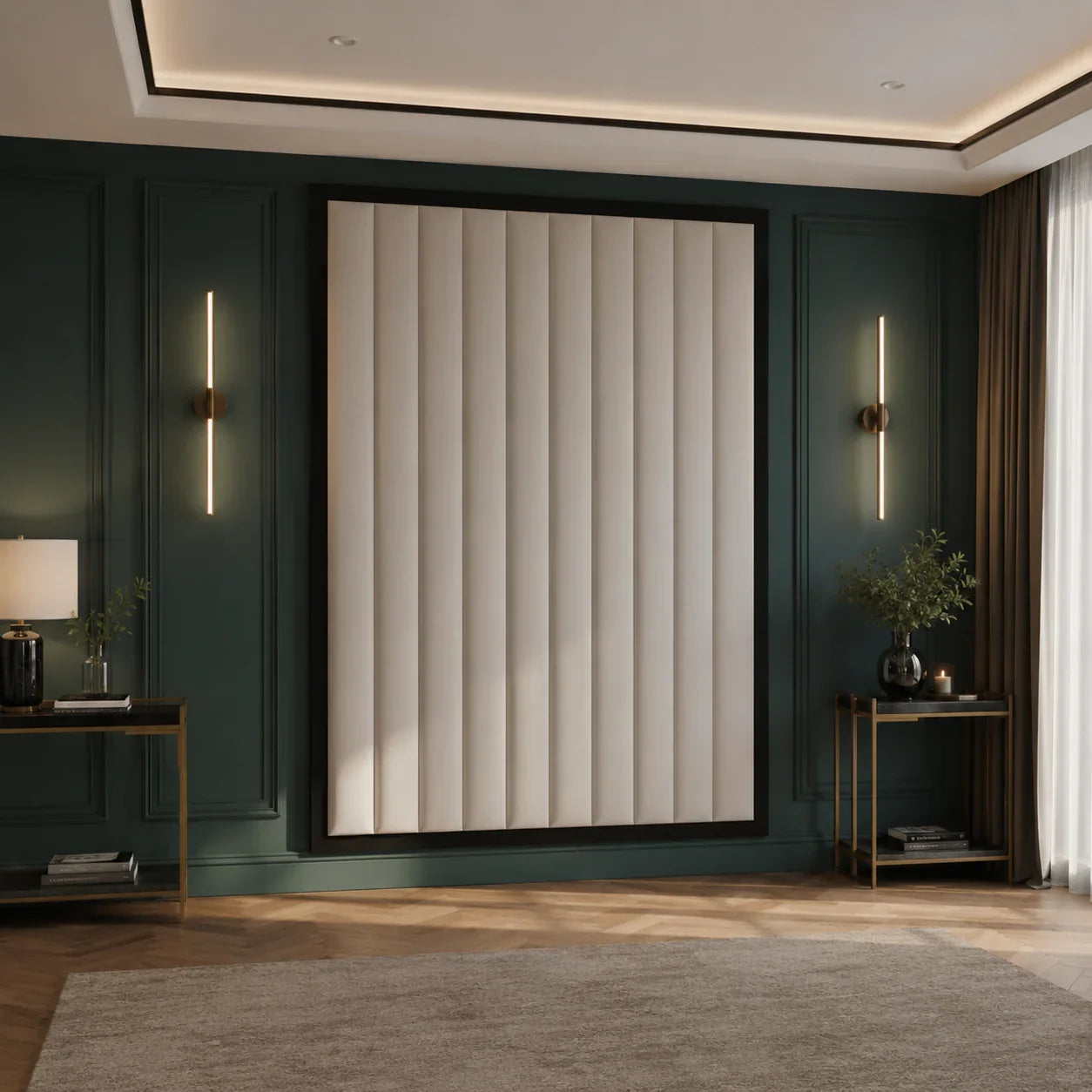 Luxury living room with dark green paneled walls, modern wall art, and ambient lighting
