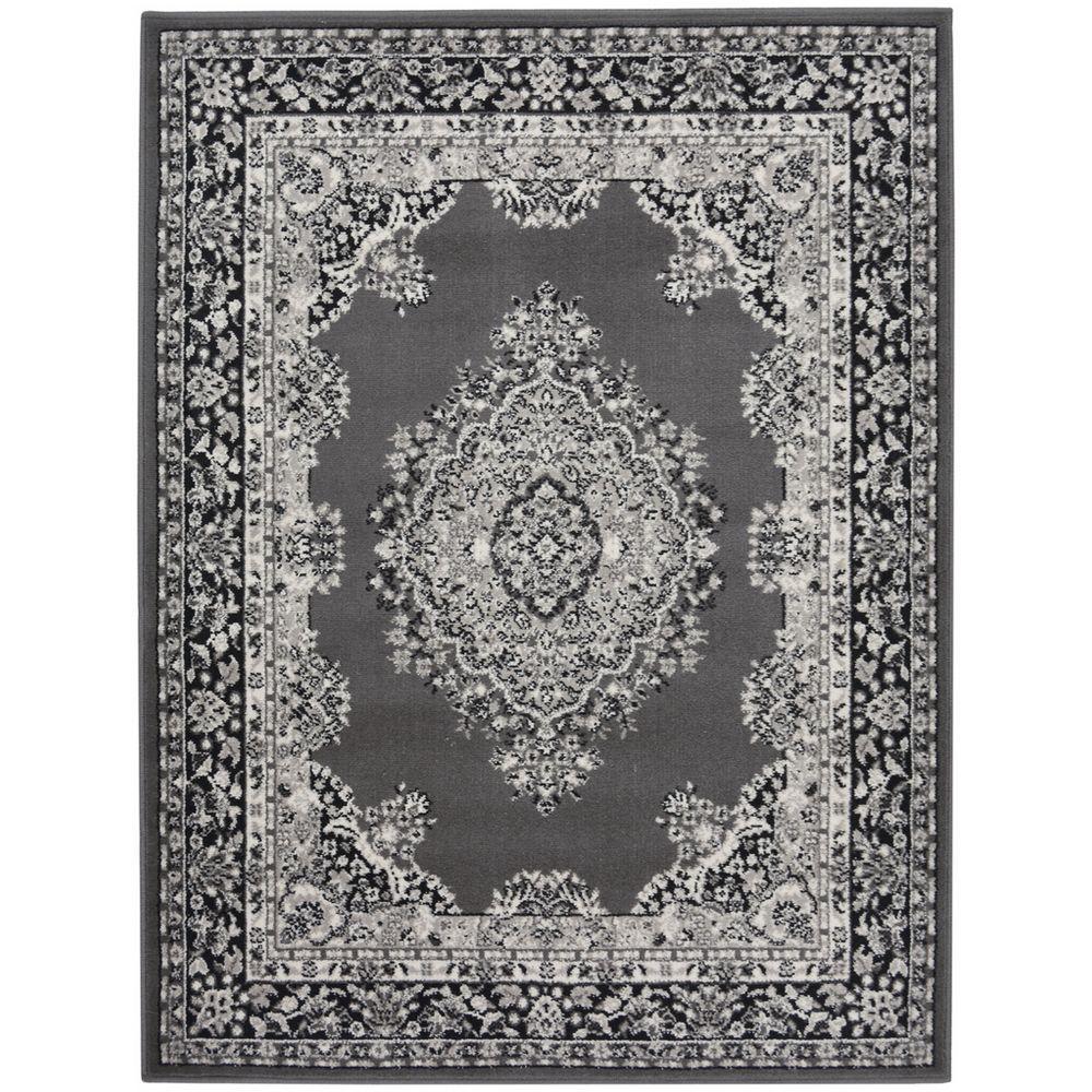 Elegant grey and black ornate area rug with floral border and central medallion design