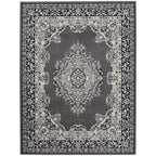 Elegant grey and black ornate area rug with floral border and central medallion design