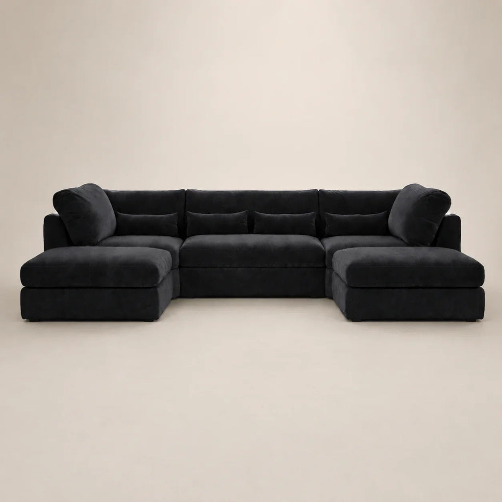 Luxury black velvet sectional sofa with chaise lounges, modern living room furniture
