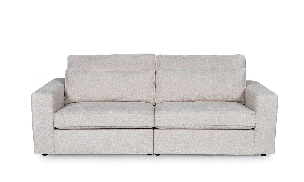 Modern small boucle fabric sofa with plush cushions and wide armrests, front view