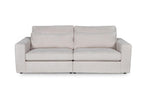Modern small boucle fabric sofa with plush cushions and wide armrests, front view