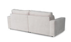 Back view of a modern small boucle two-seater sofa with plush cushions and wide arms