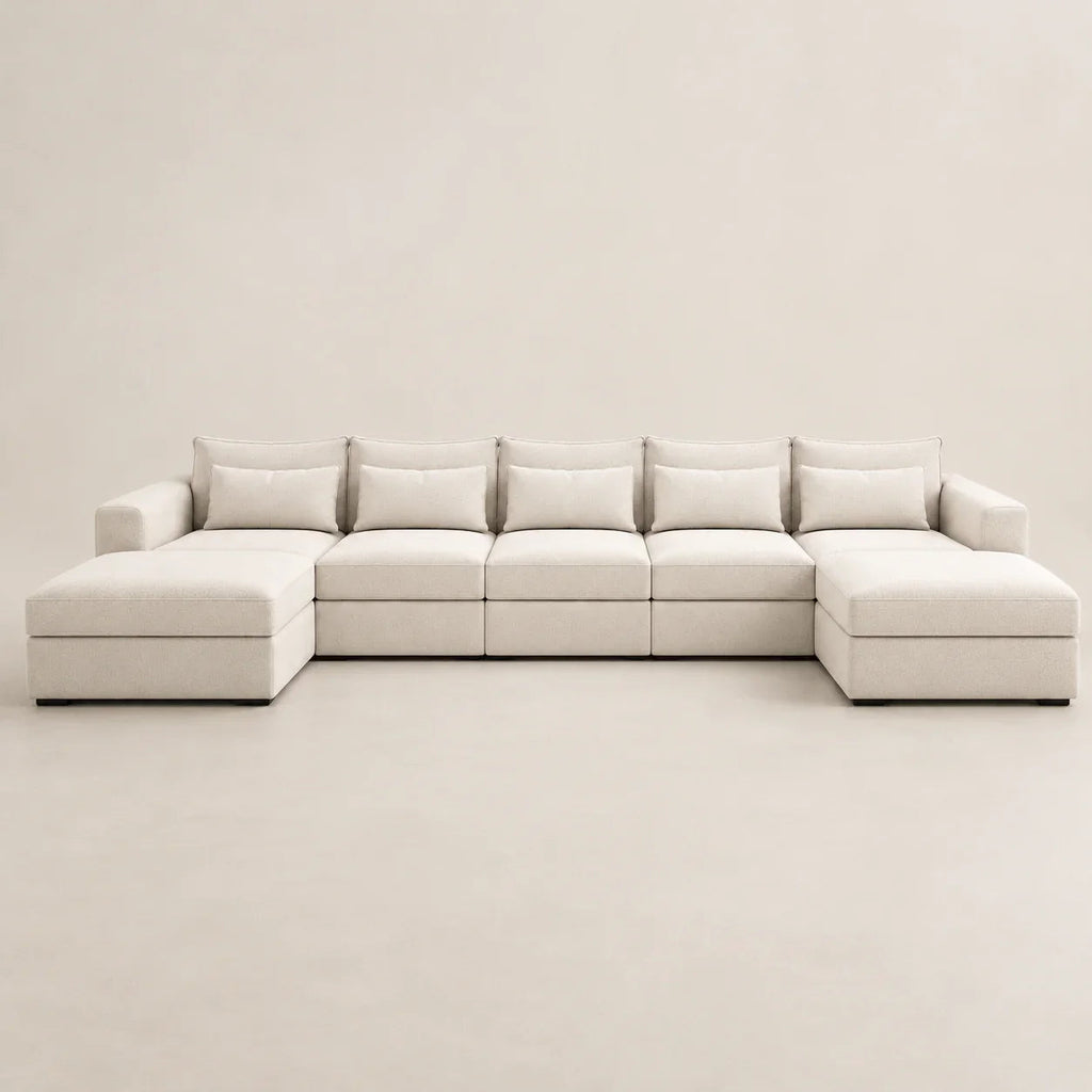 Luxury beige sectional sofa with chaise lounges, modern minimalist design for living room comfort
