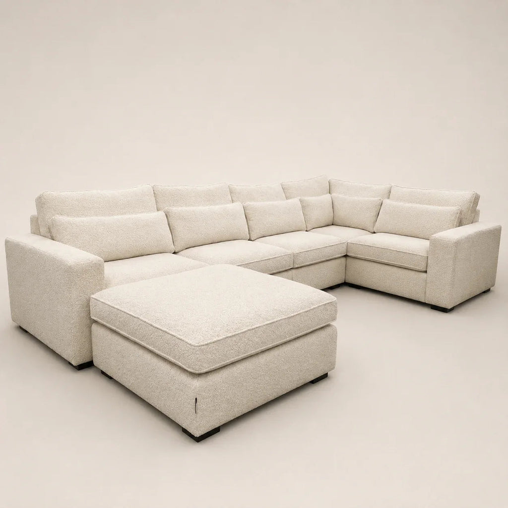 Luxury beige sectional sofa with ottoman, modern design for spacious living rooms
