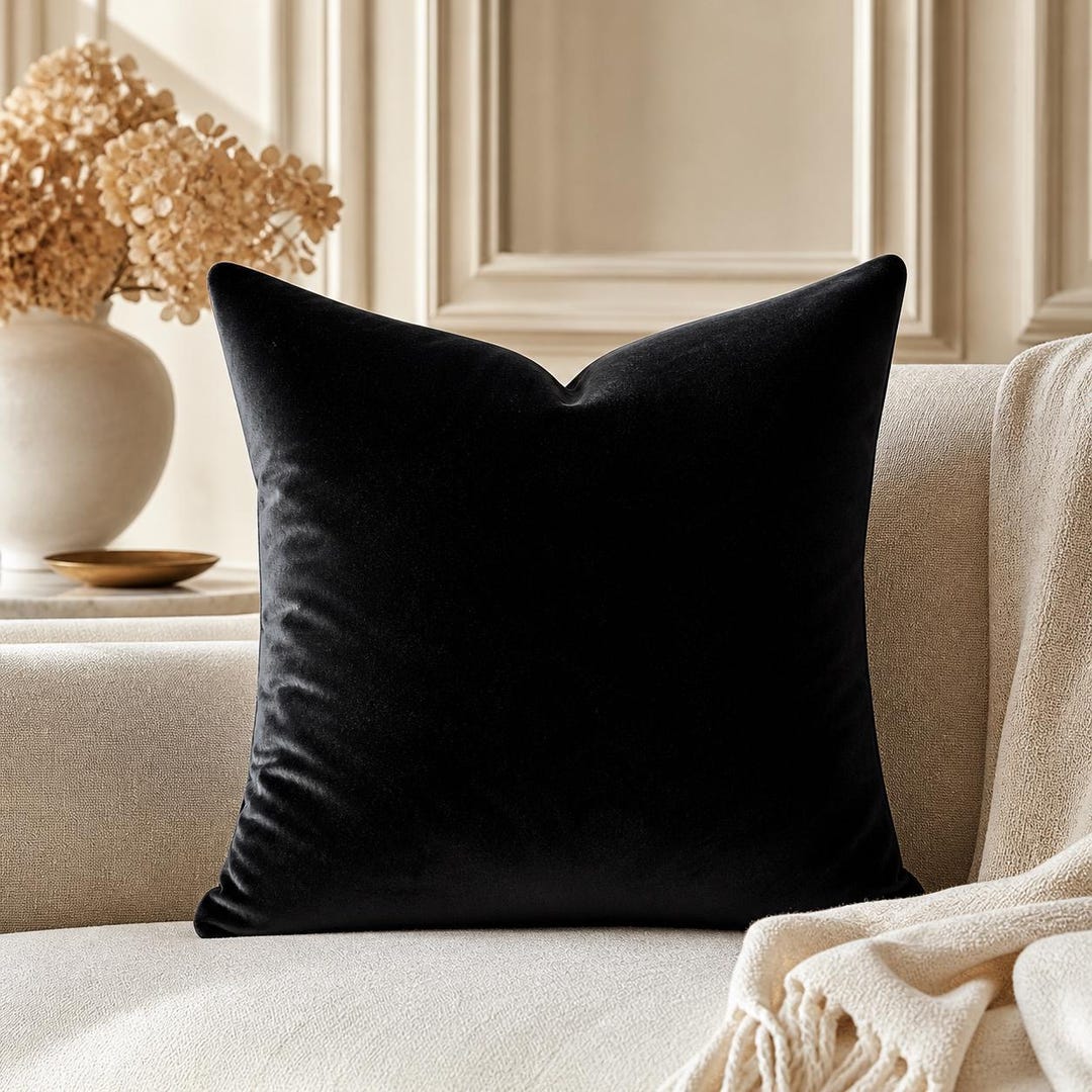 Black velvet throw pillow on beige sofa with dried hydrangeas, luxury home decor