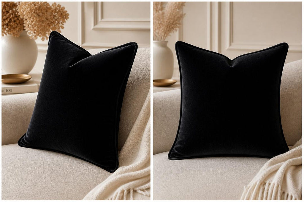 Luxury black velvet cushion on cream sofa, elegant home decor accent